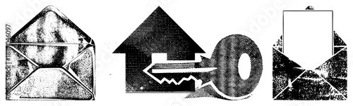 Envelope, House Key, and Open Envelope in Halftone Vector Design