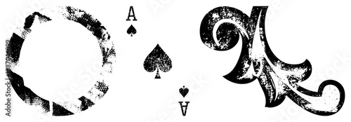 Vintage Grunge Playing Cards with Ace of Spades and Ornate Letter K