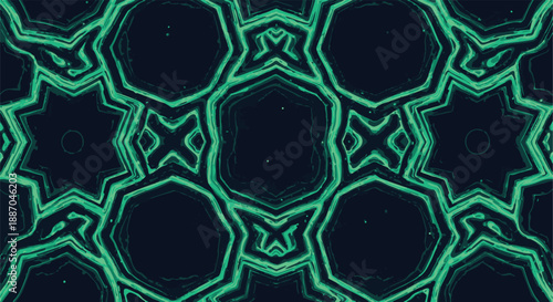 Intricate geometric pattern featuring glowing green shapes on a dark background, viewed from directly above, showcasing symmetry and design
