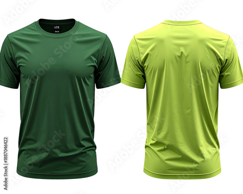 An apparel mockup set showing two round-neck T-shirts in dark green and light lime
