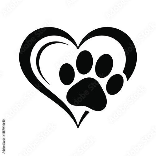 Black paw print inside a stylized heart shape symbolizing animal love and pet care concepts