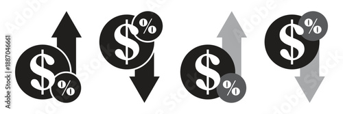 Comprehensive Financial Icon Set Showcasing Interest Rate Hikes and Drops, Currency Value Movements, and General Economic Market Trends Using Arrows.