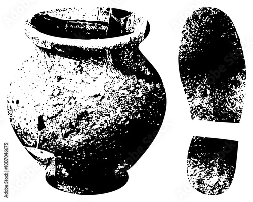 Ancient Vessel and Shoe Print Silhouettes with Textured Grunge Effect