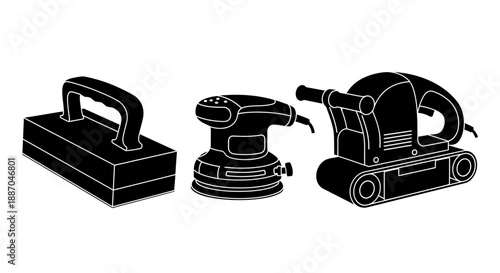 Set of tools including sander, sander machine, and toolbox on a plain background viewed from the front