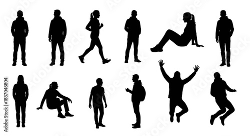 Collection of people silhouettes in various poses and activities, illustrating diverse human movements and interactions in a visual representation.