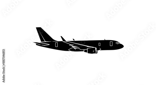A black and white illustration of an airplane flying through the sky viewed from the side with visible cockpit and engines