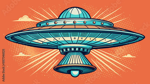Very beautiful hand drawn line art illustration of a vintage UFO, featuring a classic flying saucer design that blends retro science fiction style with clean minimalist artistic expression.