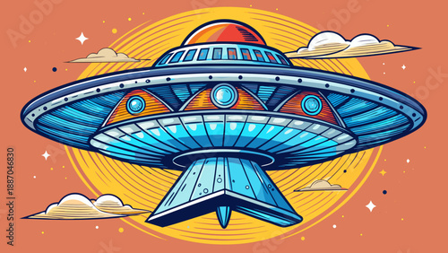 Very beautiful hand drawn line art illustration of a vintage UFO, featuring a classic flying saucer design that blends retro science fiction style with clean minimalist artistic expression.