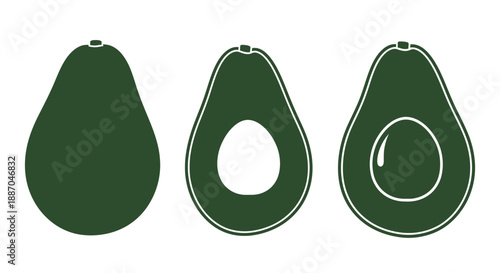Illustration of three avocados in different stages, showcasing their shapes and a simple outline on a plain background from a straightforward front view