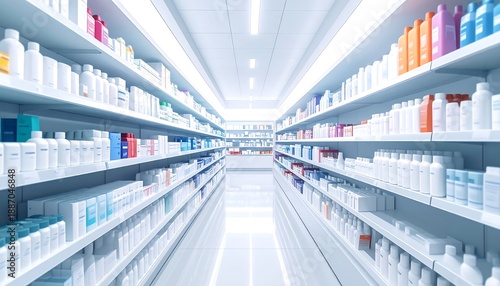 Pharmaceutic's Aisle: A clean, orderly view down a pharmacy aisle, showcasing a vast array of medications, healthcare products, and medicinal goods. The bright.