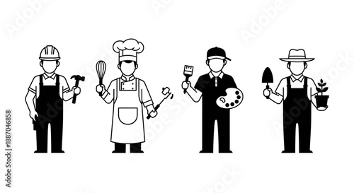 Four professionals in different occupations standing together, showcasing their respective tools and attire in a simple illustration.