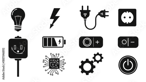 A collection of icons representing technology and innovation in a grid layout