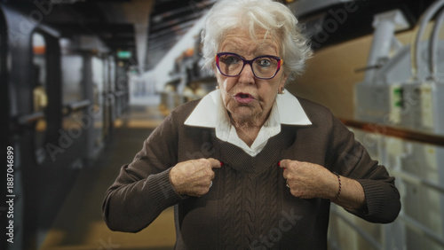 Valokuva Elderly woman wearing glasses points to her sweater with both hands in a narrow aircraft galley corridor inside a building; firm defiance