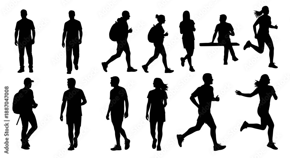 Fototapeta premium Silhouettes of people walking and running in various poses on a plain background