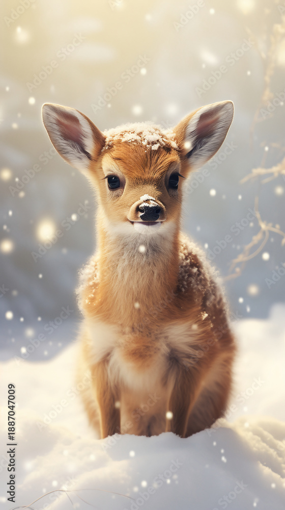 Obraz premium Vertical portrait of a young fawn in a snowy winter landscape. Cute baby deer with snow on its fur