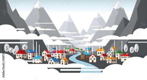 A stylized illustration features a vibrant village nestled in a valley with snow-capped mountains and a winding river. Colorful homes stand out