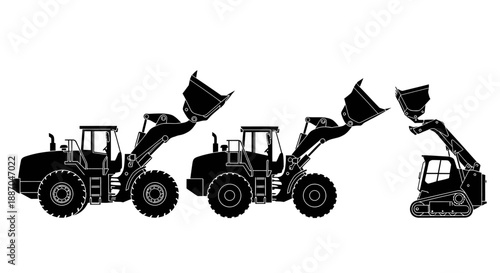 Heavy machinery equipment in action, featuring tractors and excavators in various operational states, depicted in a graphic illustration style