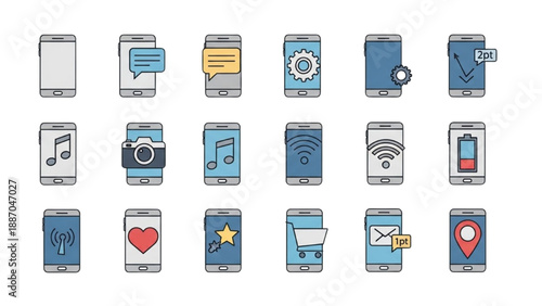 Collection of mobile phone icons representing various apps and functions displayed on a grid