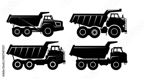 Collection of heavy machinery vehicles including dump trucks viewed from the side in a graphic illustration