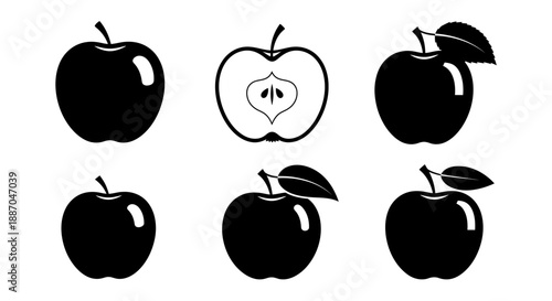 Collection of apple illustrations showcasing various views and a sliced apple, presented in a grid layout