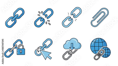 Illustration of various chain link icons representing connection and security concepts in a digital environment from a straightforward viewpoint