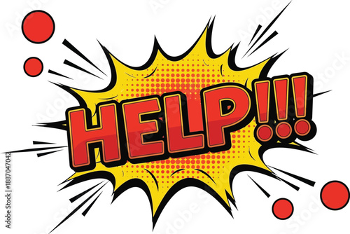 Retro comic book style explosion graphic featuring the vibrant word help in bold red lettering surrounded by dynamic action lines and halftone dots suggesting urgent communication.