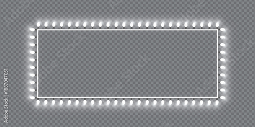 Elegant Rectangular Border Featuring Glowing White LED Light Bulbs on a Transparent Background, Ideal for Theater Marquees, Holiday Cards, and Event Announcements.