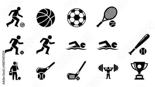 Various sports icons including basketball, soccer, tennis, baseball, and trophy illustrations