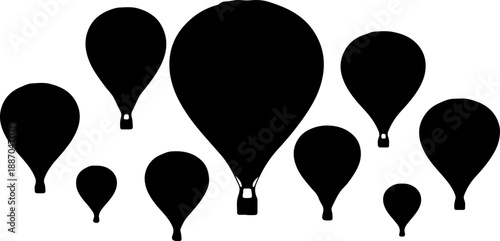 Harmonious cluster of minimalist black hot air balloon silhouettes gracefully ascending, symbolizing airborne adventure and exploration