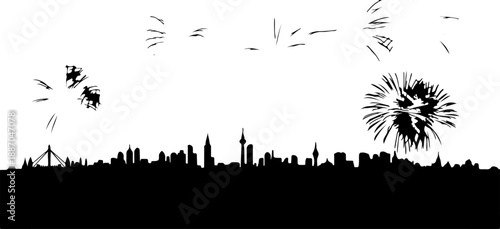 Cityscape silhouette with fireworks celebrating a grand event in the night sky