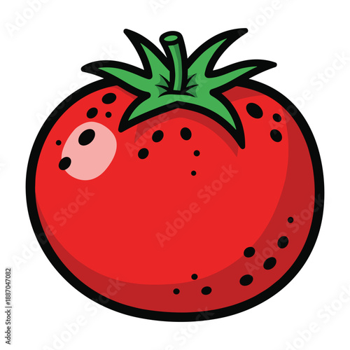 A cartoon illustration of a ripe red tomato with green leaves