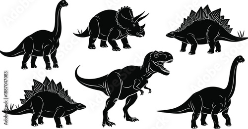 Dinosaur silhouettes set featuring tyrannosaurus triceratops stegosaurus brachiosaurus prehistoric animals vector illustration isolated on white background