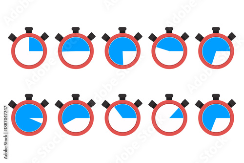 Set of ten flat stopwatch icons with varying blue time progress intervals