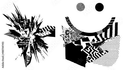 Abstract Black and White Graphic with Halftone and Geometric