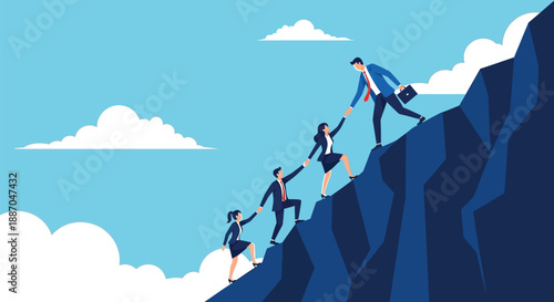 Business professionals demonstrating teamwork and support by climbing a steep blue mountain together hand in hand toward success above the clouds