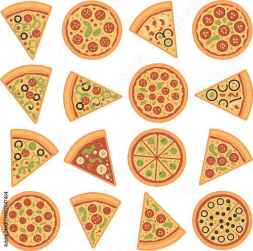 Assorted pizza slices and whole pizzas with various toppings on wooden background flat lay