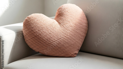 A pink heart-shaped pillow sitting on a white couch in a bright room