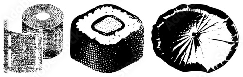 Three Halftone Rendered Seafood Items with Textured