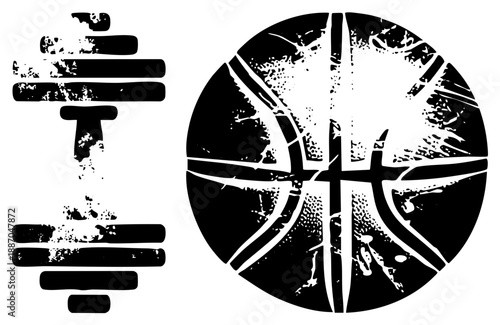 Grunge Styled Weightlifting Barbell and Basketball Vector
