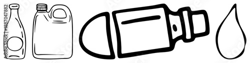 Simple Art Illustration of Various Liquid Containers and a Drop