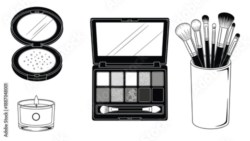 Collection of essential makeup icons including eyeshadow palette, face powder, candle, and cosmetic brushes set.