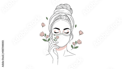 Elegant illustration of woman with eyes closed wearing facial mask surrounded by beautiful spring blossoms and leaves.