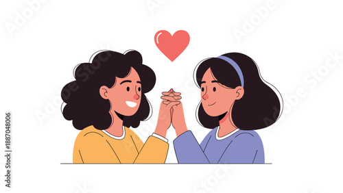 Two young women holding hands together under a red heart symbol representing love, friendship, and mutual support.