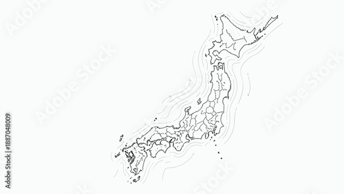 Detailed outline map of japan with topographic style line textures and provincial borders on white background.