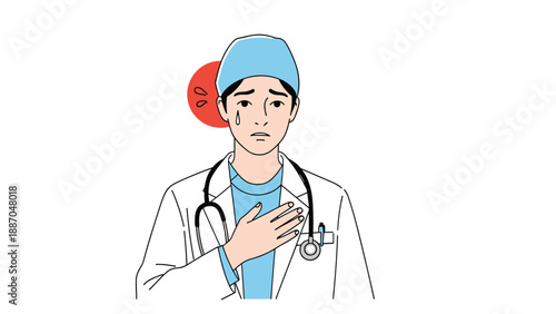 Worried male doctor wearing surgical cap and stethoscope showing signs of stress or concern during medical work.