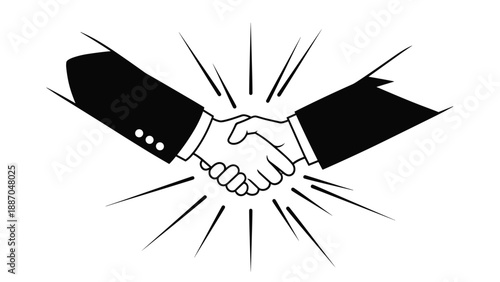 Graphic silhouette of a professional handshake between two people in business suits with dynamic action lines for emphasis.