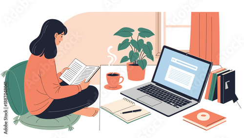 Young woman sitting on floor reading book in cozy home office with laptop and coffee during focused study session.