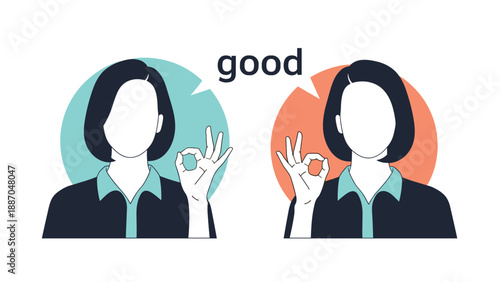 Two businesswomen in suits making ok hand gesture for agreement and quality approval in front of colorful circles.