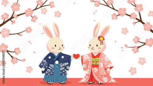 Two adorable rabbits dressed in traditional Japanese kimono and hakama wedding attire holding a heart under cherry blossoms.