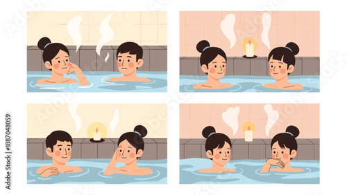 Set of four illustrations depicting a couple relaxing and talking in a traditional hot spring bath with candles and steam.